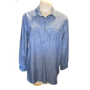 Caslon Chambray/Denim Popover Tunic Pockets Long Slv Weekend Packable Sz M